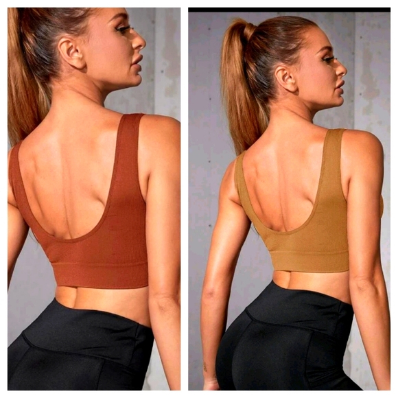 NWT Seamless Sportsbra, Removable pad slots, Camel,Tan Low Back Deep V - Picture 2 of 2